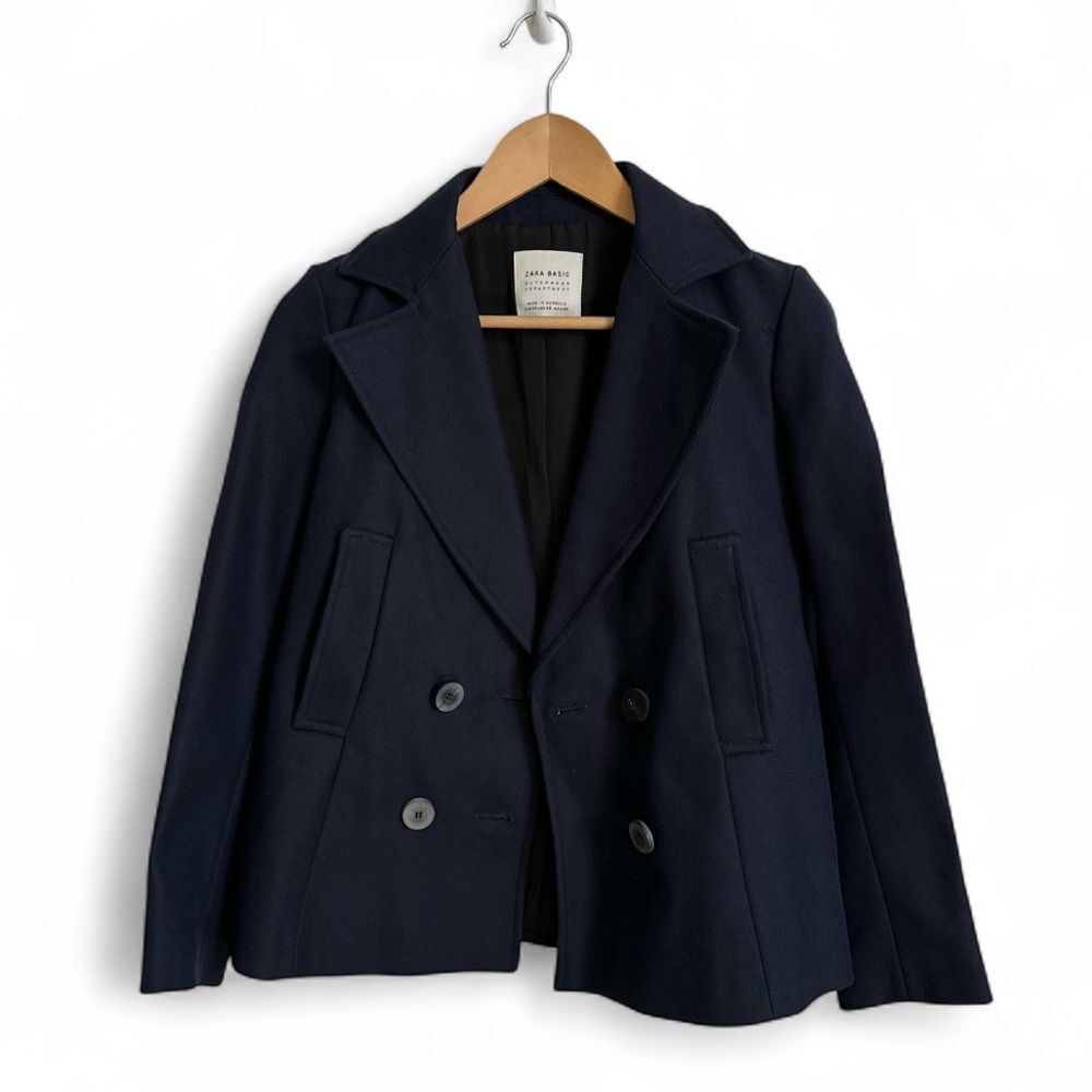 ZARA Jacket Basic Double Breasted Coat Peacoat Navy Blue Size XS